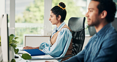 Buy stock photo Business, woman and typing with computer in office for research, editing article and newsletter. Female person, coworking and pc for proofreading, check grammar and update draft for story publication