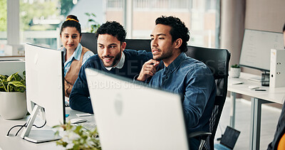 Buy stock photo Business men, mentor and advice with computer for training, article guidance and editing tips. Intern, journalist and discussion with tech at coworking agency for story feedback and learning process