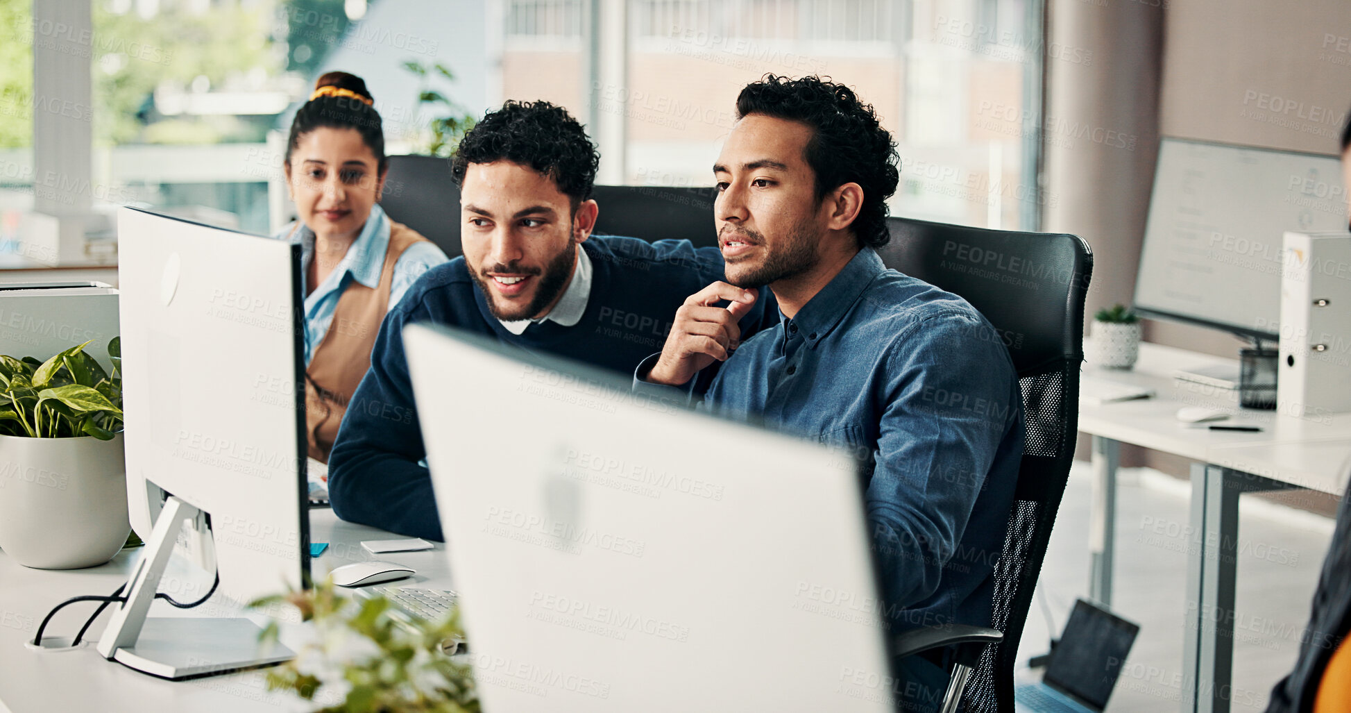 Buy stock photo Business men, mentor and advice with computer for training, article guidance and editing tips. Intern, journalist and discussion with tech at coworking agency for story feedback and learning process