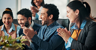 Buy stock photo Business people, applause and winning in celebration for meeting and teamwork in office. Group of happy employees, clapping hands and success for goals, achievement or company promotion at workplace