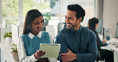 Buy stock photo Business, people and smile with tablet discussion for article feedback, story review and planning. Journalist, editor or tech at coworking agency for blog fact checking, newsletter advice or teamwork