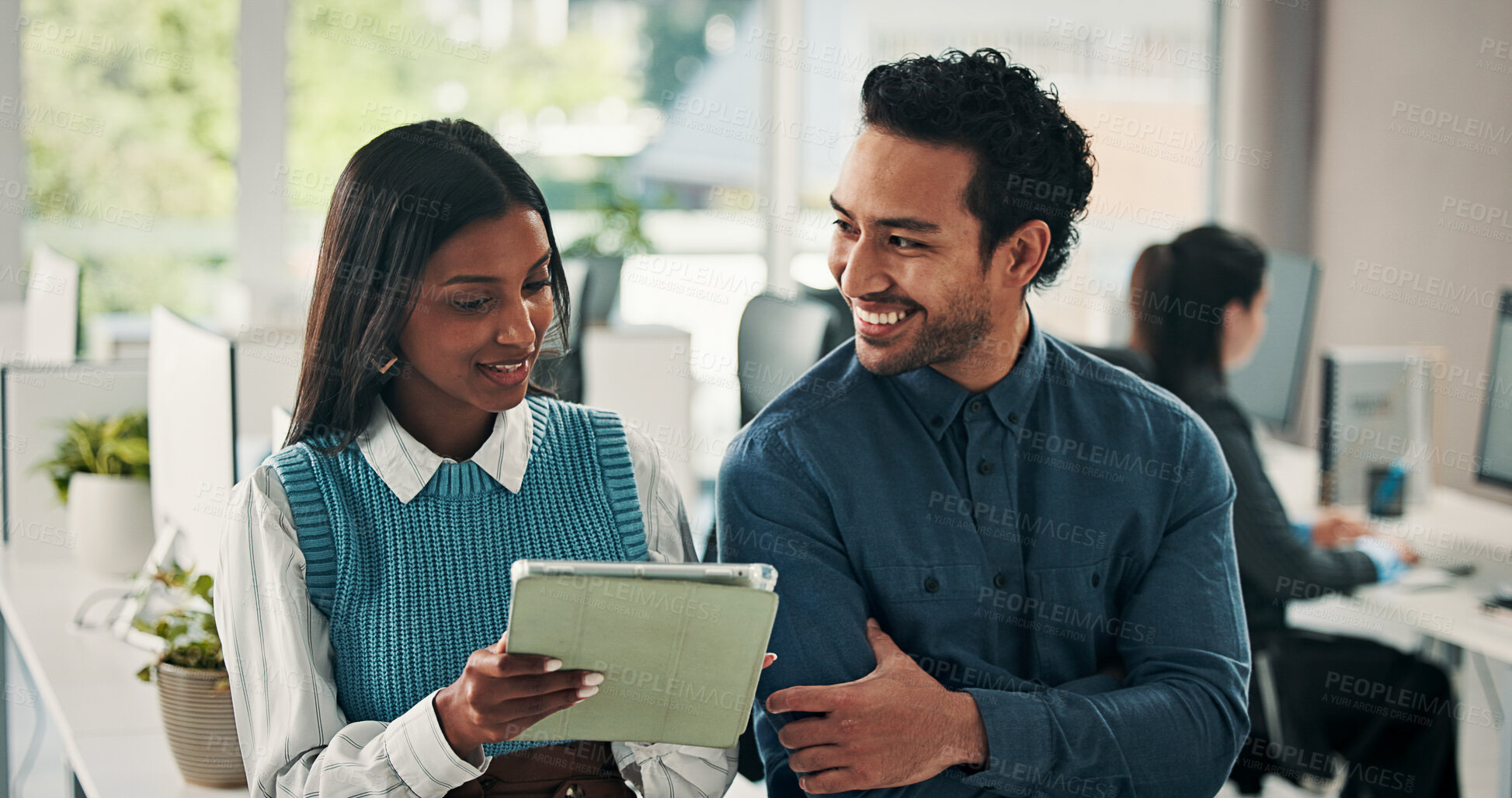 Buy stock photo Business, people and smile with tablet discussion for article feedback, story review and planning. Journalist, editor or tech at coworking agency for blog fact checking, newsletter advice or teamwork