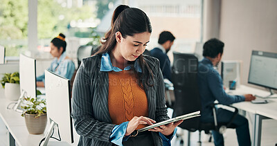 Buy stock photo Business, woman and reading with tablet in office for research, editing article and news report. Journalist, coworking and tech for proofreading, check grammar and update draft for story publication