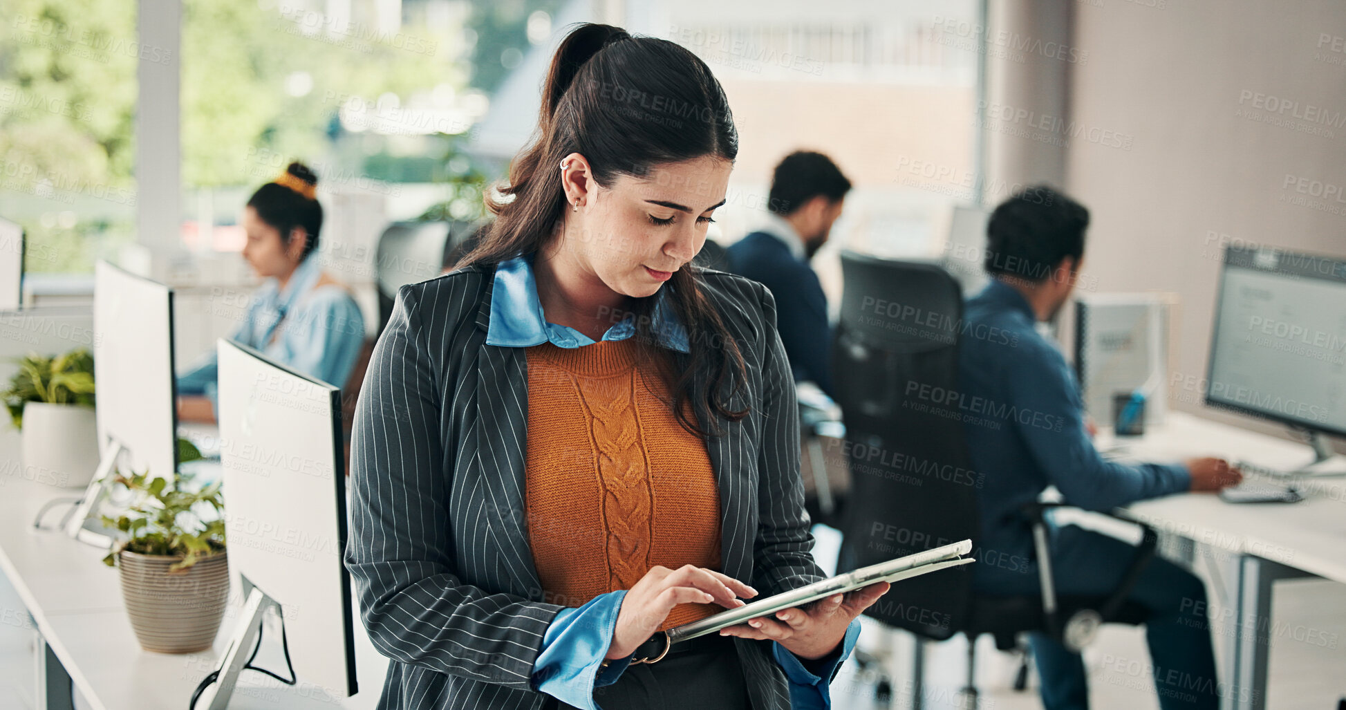 Buy stock photo Business, woman and reading with tablet in office for research, editing article and news report. Journalist, coworking and tech for proofreading, check grammar and update draft for story publication