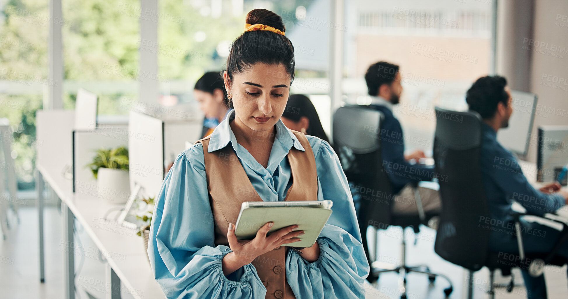 Buy stock photo Business, woman and review with tablet in office for research, editing article and news report. Journalist, coworking or digital for proofreading, check grammar and update draft for story publication