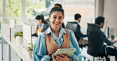 Buy stock photo Journalist, portrait or woman in office with tablet, experience or pride in media profession. Happy, creative or people in newsroom with tech, confidence or career growth in publishing industry.