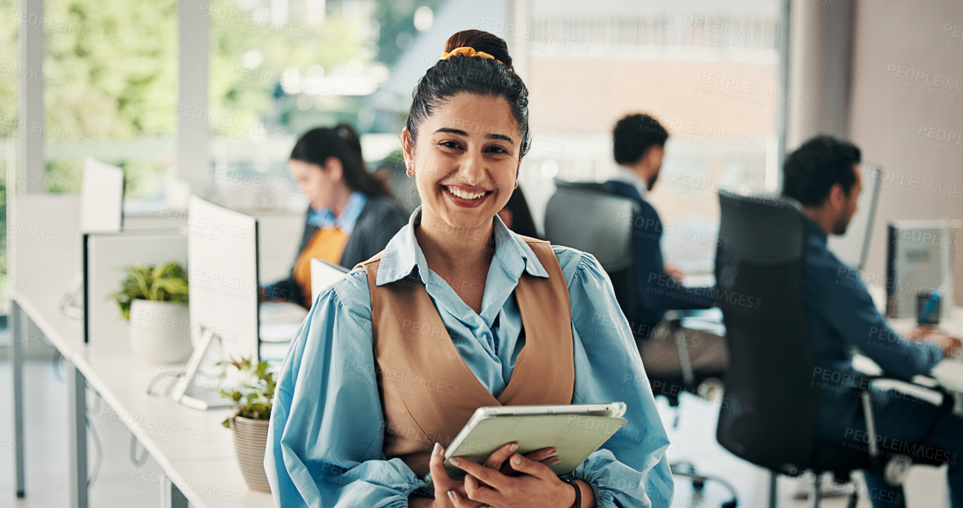 Buy stock photo Journalist, portrait or woman in office with tablet, experience or pride in media profession. Happy, creative or people in newsroom with tech, confidence or career growth in publishing industry.