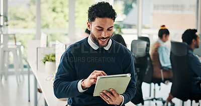 Buy stock photo Business, man and reading with tablet in office for research, editing article and news report. Journalist, coworking and tech for proofreading, checking grammar and update draft for story publication
