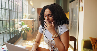 Buy stock photo Tired, woman and yawn in home with laptop for remote work burnout, interior design stress and fail. Exhausted, freelancer and creative person in apartment with computer, mistake or deadline pressure.