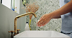 Water, soap and woman washing hands in home for removal of germs, dirt or bacteria. Sink, disinfection and female person with cleaning skin for health, wellness or virus safety routine in bathroom.
