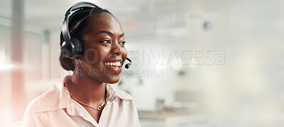 Buy stock photo Customer service, black woman and consultant with headset by space for crm, contact us or communication. Mic, banner and African female technical support agent by bokeh for call center or helpdesk.