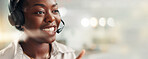 Call center, black woman and consultant with headset by space for crm, contact us or communication. Mic, banner and African female technical support agent by bokeh for customer service or helpdesk.