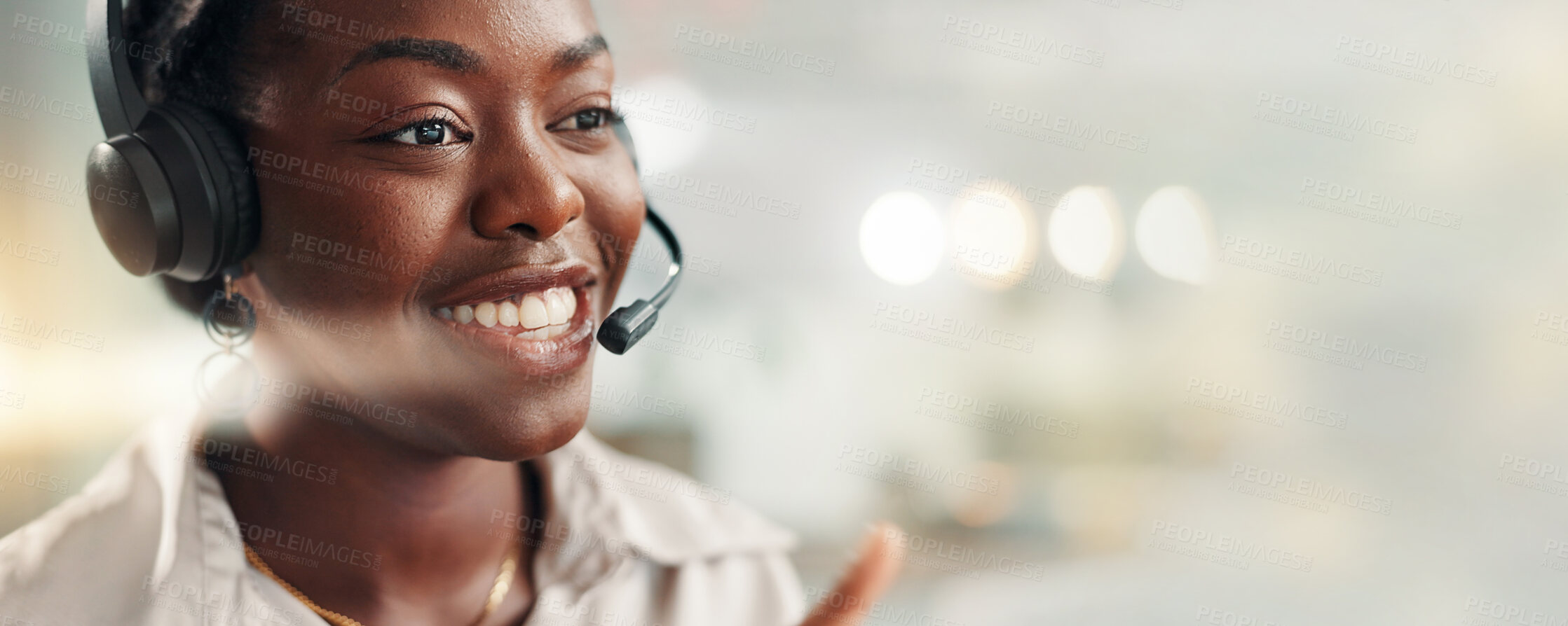 Buy stock photo Call center, black woman and consultant with headset by space for crm, contact us or communication. Mic, banner and African female technical support agent by bokeh for customer service or helpdesk.