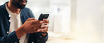 Hands, phone and businessman by space for texting, networking or communication on mobile app. Banner, technology and male person with cellphone for social media, chatting or contact online in office.
