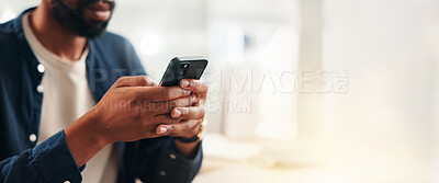 Buy stock photo Hands, phone and businessman by space for texting, networking or communication on mobile app. Banner, technology and male person with cellphone for social media, chatting or contact online in office.