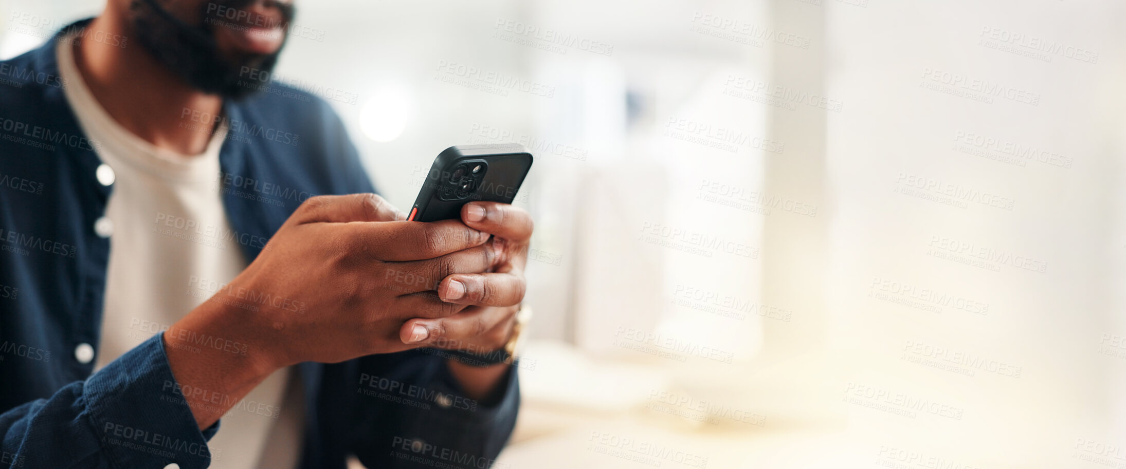 Buy stock photo Hands, phone and businessman by space for texting, networking or communication on mobile app. Banner, technology and male person with cellphone for social media, chatting or contact online in office.