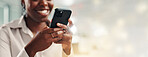 Hands, phone and businesswoman by space for texting, networking or communication on mobile app. Banner, technology and female person with cellphone for social media, chatting or contact by bokeh.