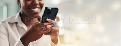 Buy stock photo Hands, phone and businesswoman by space for texting, networking or communication on mobile app. Banner, technology and female person with cellphone for social media, chatting or contact by bokeh.