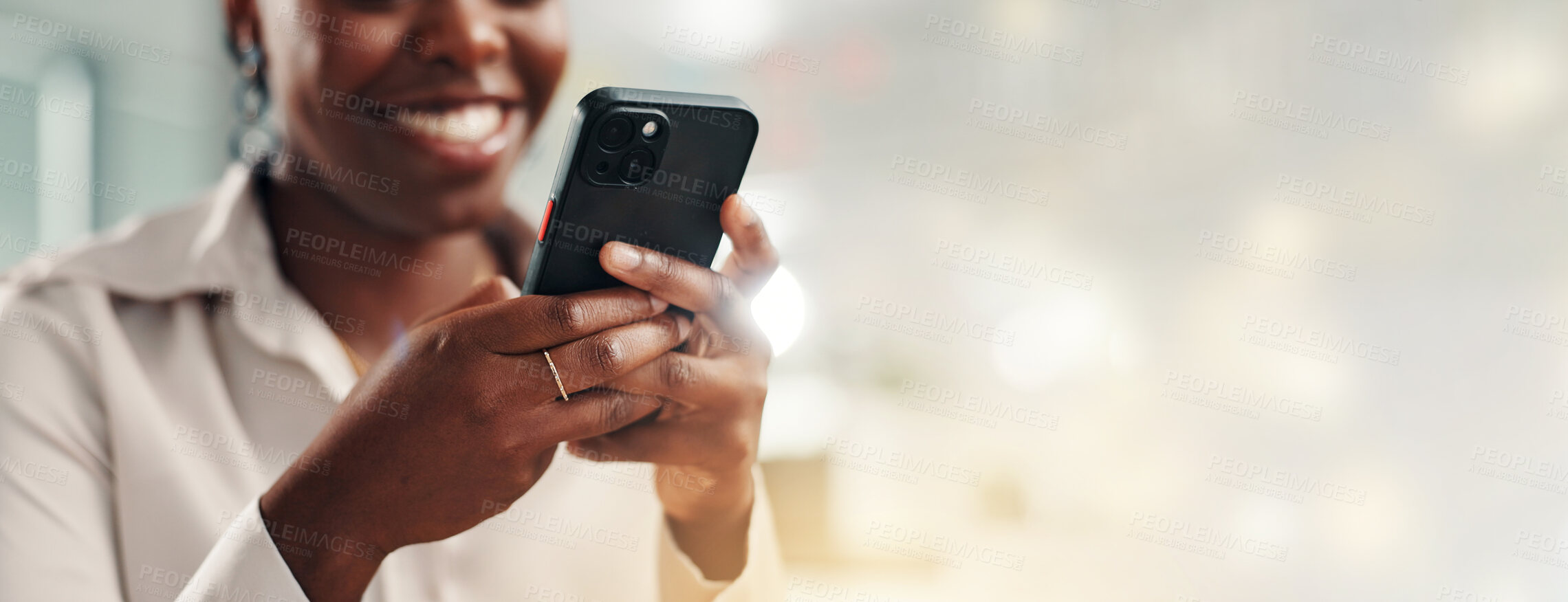 Buy stock photo Hands, phone and businesswoman by space for texting, networking or communication on mobile app. Banner, technology and female person with cellphone for social media, chatting or contact by bokeh.
