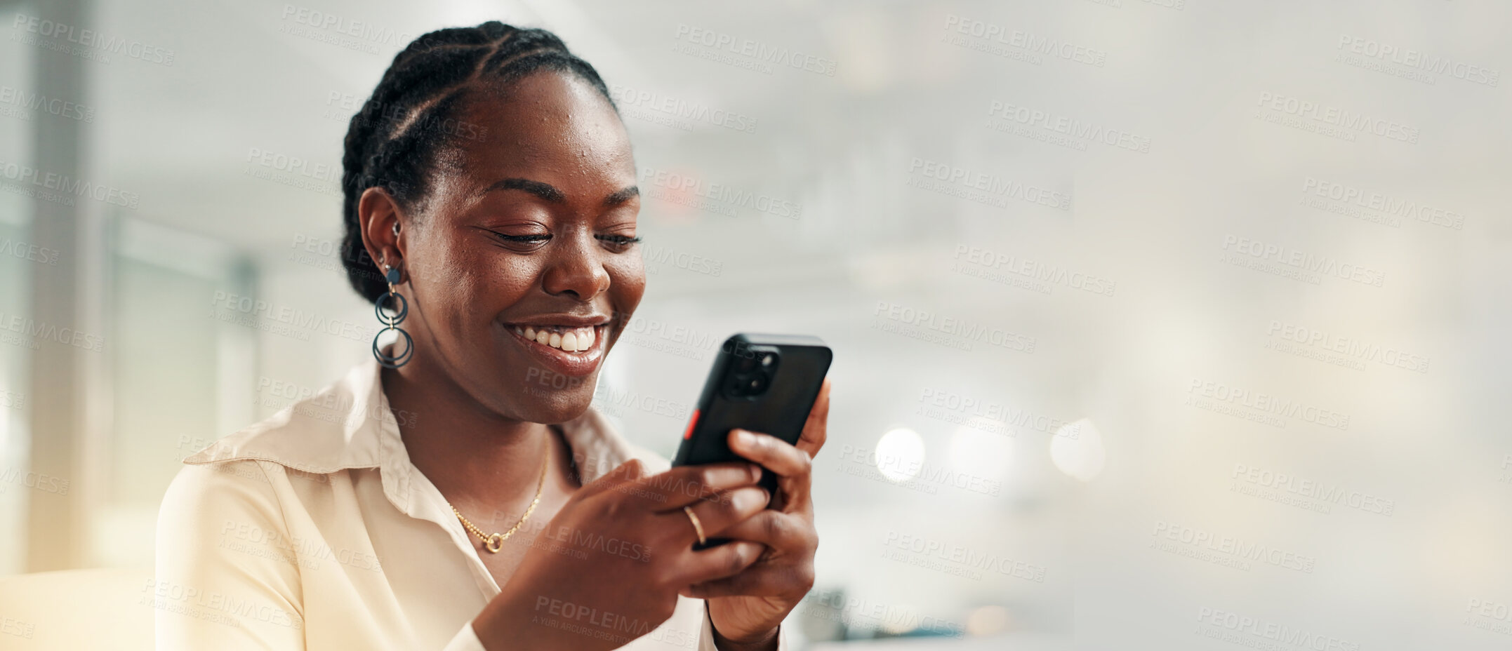 Buy stock photo Happy, phone and black woman by space for texting, networking or communication on mobile app. Banner, tech and African female person with cellphone for social media, chatting or contact by bokeh.