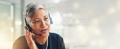 Buy stock photo Call center, mature woman and headset for customer service, troubleshooting or online help desk for bokeh. Contact us, banner or virtual assistant with space for tech support, communication or advice