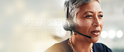 Buy stock photo Call center, mature woman and consultant with headset by space for crm, contact us or communication. Mic, banner and female technical support agent by bokeh for customer service, advisory or helpdesk