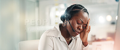 Buy stock photo Tired, consultant and woman with headset, office and thinking of target increase, stress or burnout. Call center, agent and black person with headache for sales pressure, banner and telemarketing