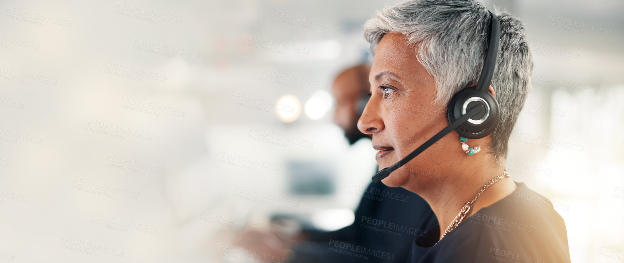 Buy stock photo Call center, mature woman and agent with headset in office by space for crm, contact us or advisory. Mic, banner and female technical support consultant by bokeh for customer service or helpdesk.
