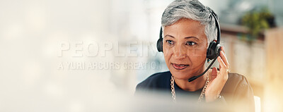 Buy stock photo Customer service, mature woman and consultant with headset by space for crm, contact us or advisory. Mic, banner and female technical support agent by bokeh for call center, consultation or helpdesk.