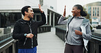 Runner, couple and high five with smile in city for fitness progress, race training or teamwork. Interracial people, achievement or celebration for workout results, cardio pace and exercise goal