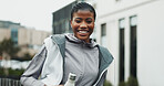 Portrait, laugh and black woman in city for fitness, wellness and smile with water bottle on break. African person, sports and happy runner outdoor for exercise, cardio and funny athlete in Kenya