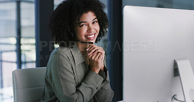 Buy stock photo Computer, headset and portrait of woman in call center for feedback, problem solving or support. Customer service, pc and smile with happy agent in workplace for contact or help as virtual assistant