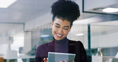 Buy stock photo Smile, tablet and business woman in workplace for email, online report and event planning. Technology, happy person and organizer in office for venue review, vendor listing and research information