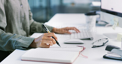 Buy stock photo Computer, hands of person and writing in office for meeting schedule, to do list or agenda. Personal assistant, employee or tech with notebook for admin tasks, appointment reminder or calendar update