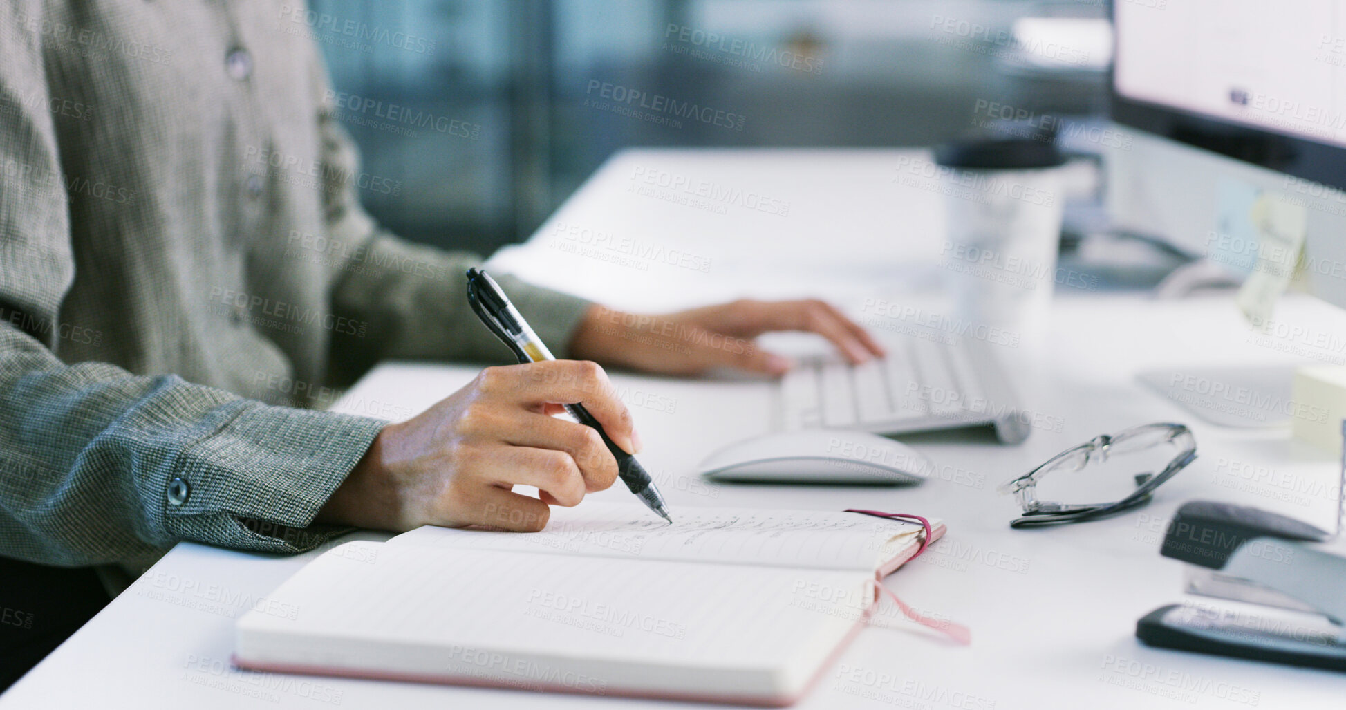 Buy stock photo Computer, hands of person and writing in office for meeting schedule, to do list or agenda. Personal assistant, employee or tech with notebook for admin tasks, appointment reminder or calendar update