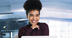 Laptop, portrait and smile of business woman in office for online development or web design. Computer, creative and space with happy designer person in workplace for planning, research or review