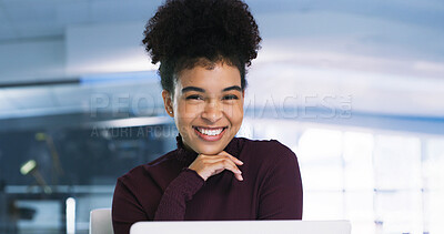 Buy stock photo Laptop, portrait and smile of business woman in office for online development or web design. Computer, creative and space with happy designer person in workplace for planning, research or review