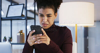 Buy stock photo Confused, woman and reading with phone in office for bad news, online criticism and article error. Stress, person and mobile with negative feedback, false source and submission mistake of publication