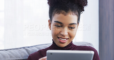 Buy stock photo Streaming, smile or woman in house with tablet, social media scroll or video search on digital app. Browse, space or girl with tech, multimedia post or show binge with entertainment subscription.
