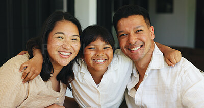 Buy stock photo Portrait, smile and parents with girl in home for bonding, family time and support for connection. Happiness, trust and people with child in apartment, security and care from loving relationship