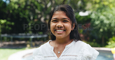 Buy stock photo Smile, portrait and outdoor with child at swimming pool for summer vacation, weekend break and youth. Happiness, relax and backyard with girl in garden of house for holiday, calm and neighborhood
