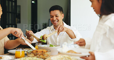 Buy stock photo Family dinner, child and happy man serving in dining room, holiday bonding or sharing food for meal time. Hungry, girl and people at table in home for supper, eating together or give helping of salad