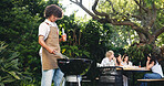 Backyard, barbecue and man with friends outdoor for party, social gathering and cookout on weekend. Cooking, hangout and people with meat, food and bbq for meal prep, lunch and celebration together