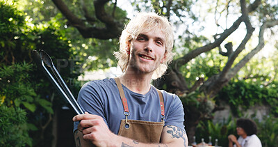 Buy stock photo Barbecue, smile and portrait of man outdoor for cooking, social reunion and celebration event. Party, bbq and summer vacation with person and tongs in nature for cookout, weekend and holiday together