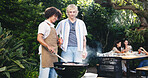 Backyard, barbecue and friends with grill outdoor for party, social gathering and cookout on weekend. Cooking, hangout and happy people with meat, food and alcohol for meal prep, bbq and celebration