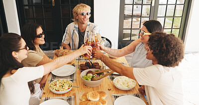 Buy stock photo Cheers, lunch and beer with friends outdoor for weekend break, support and bonding. Congratulations, party event and toast with group of people and alcohol drink in backyard of home for food