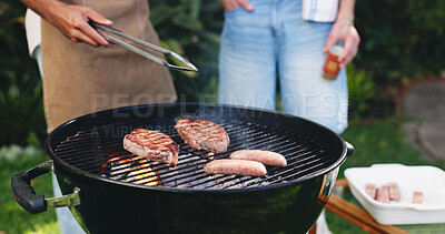 Buy stock photo Barbecue, meat and grill with hands of people outdoor for summer vacation, food and lunch. Weekend break, beef steak and hotdog with friends and bbq cookout in nature for party and cooking hangout
