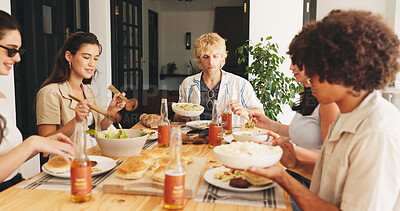 Buy stock photo Lunch, eating and party with friends in house for food, social reunion and summer vacation. Gathering, dining and event with group of people in apartment for holiday, hungry and relax together