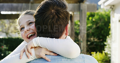 Buy stock photo Love, parent or daughter in backyard with hug, trust or bonding together on summer break. Family, connection or people with embrace, healthy relationship or childhood development in spring getaway.
