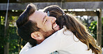 Love, dad or daughter in park with hug, trust or bonding together on summer break. Family, connection or people with embrace, healthy relationship or childhood development in spring getaway.